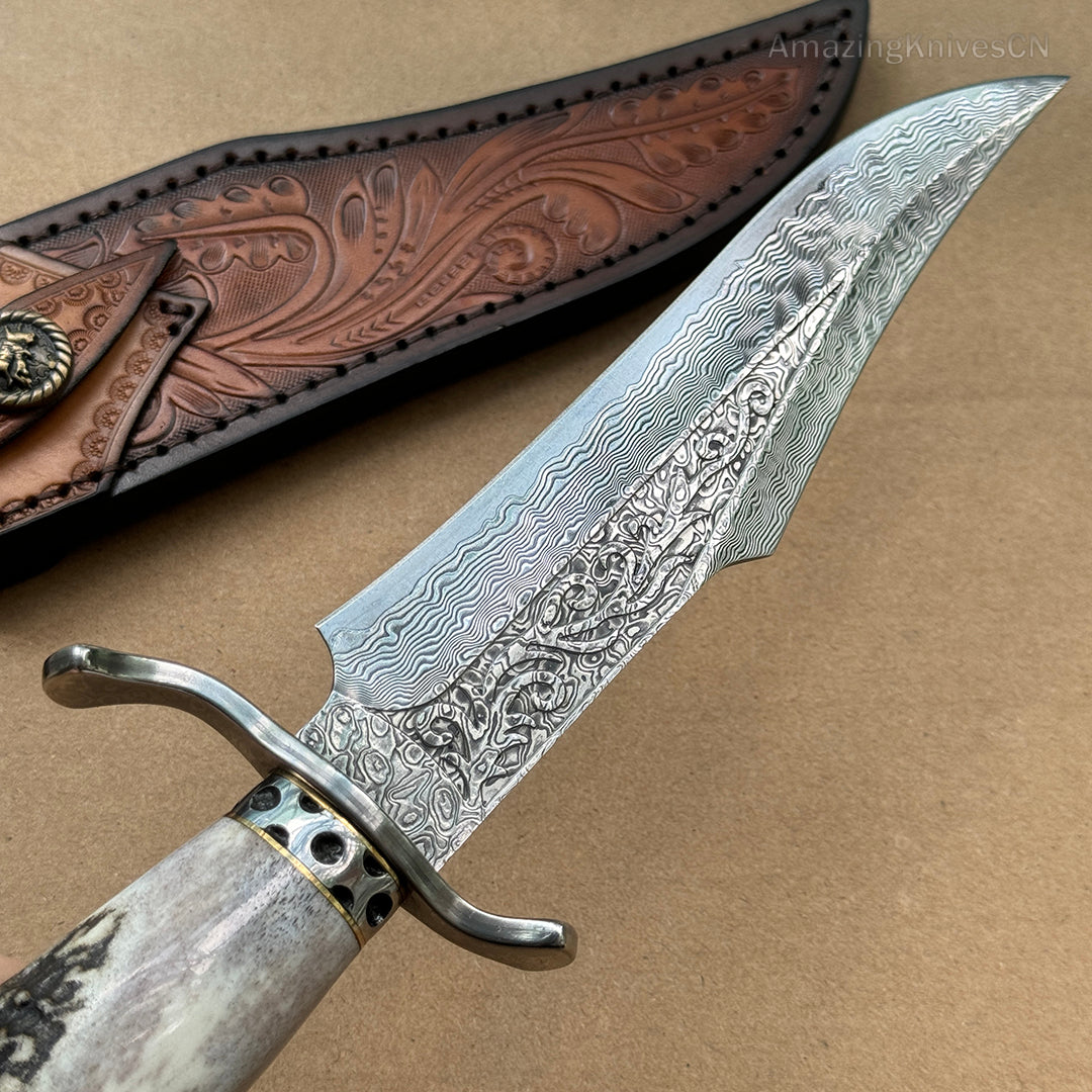 Handcrafted Damascus Hunting Fixed Blade Knife Survival Bowie with Stag Horn Handle - AK-HT0955