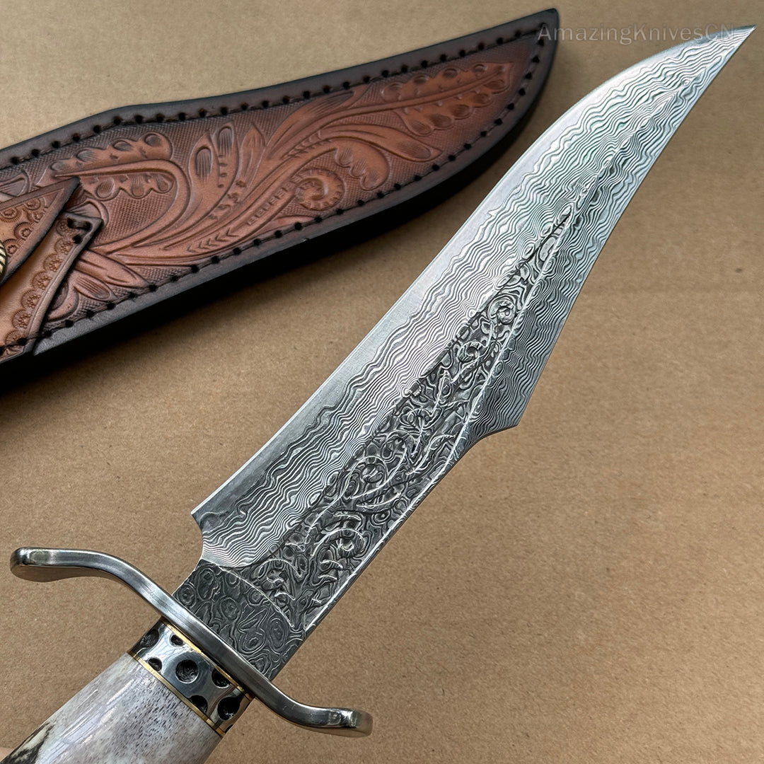 Handcrafted Damascus Hunting Fixed Blade Knife Survival Bowie with Stag Horn Handle - AK-HT0955