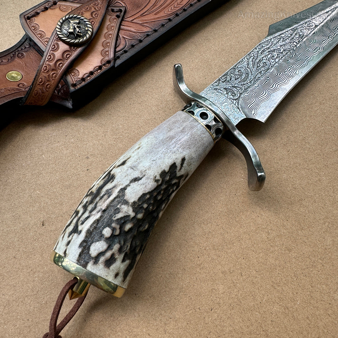 Handcrafted Damascus Hunting Fixed Blade Knife Survival Bowie with Stag Horn Handle - AK-HT0955