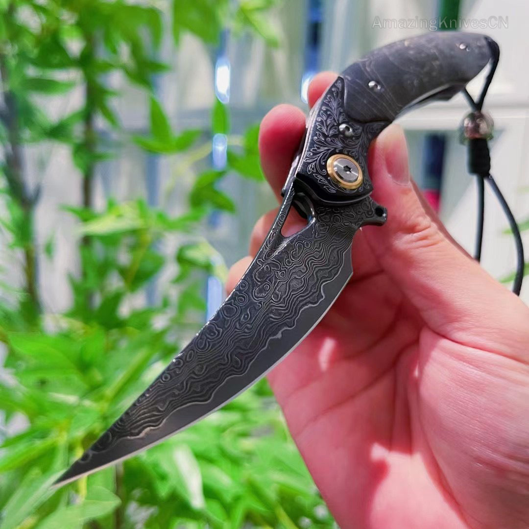 Vg10 Damascus Hunting Knife Folding Pocket Knife Survival Ball Bearing W/sheath - AK-HT0858