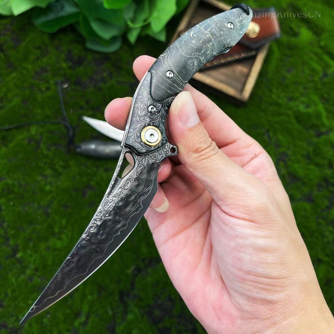 Vg10 Damascus Hunting Knife Folding Pocket Knife Survival Ball Bearing W/sheath - AK-HT0858