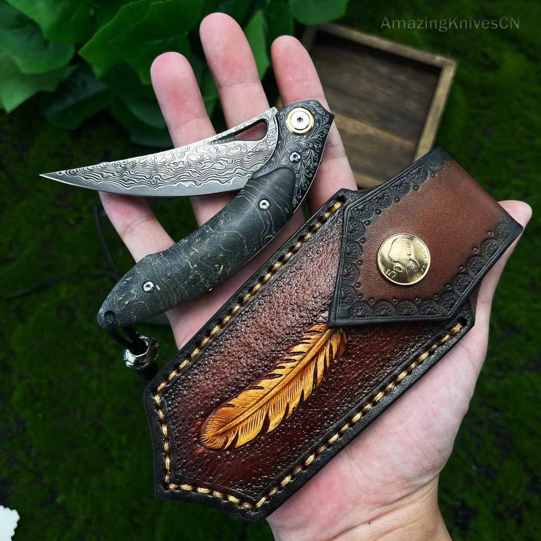 Vg10 Damascus Hunting Knife Folding Pocket Knife Survival Ball Bearing W/sheath - AK-HT0858
