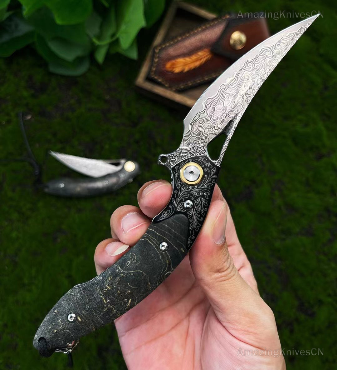 Vg10 Damascus Hunting Knife Folding Pocket Knife Survival Ball Bearing W/sheath - AK-HT0858