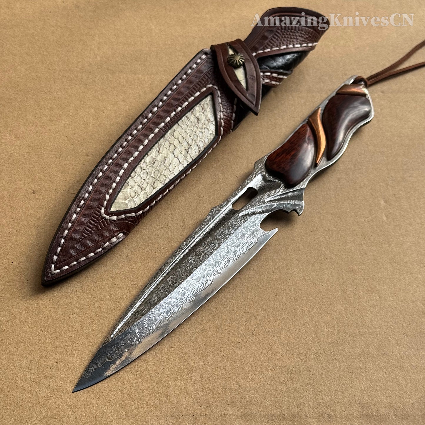 Japanese VG10 Damascus Steel Survival Hunting Knife Tactical Blood Grooved Full Tang - AK-HT0302