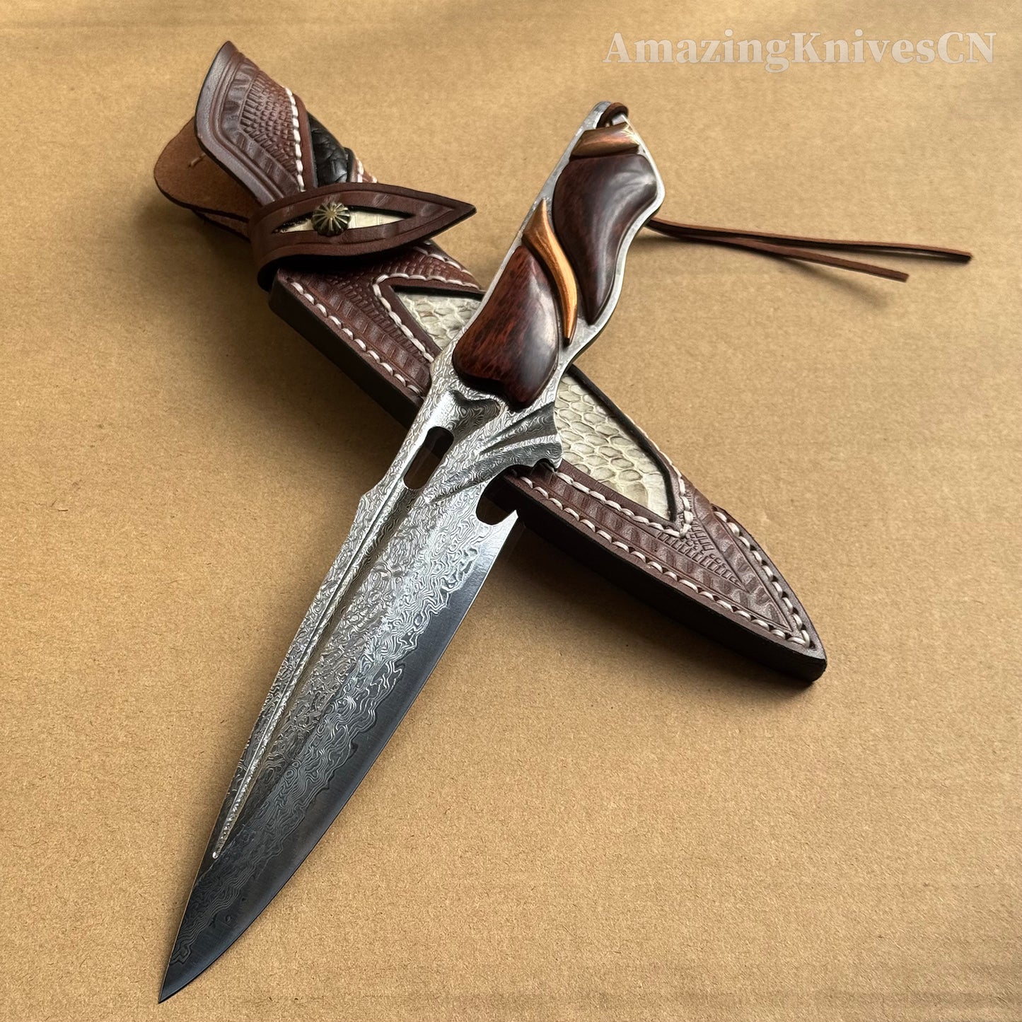 Japanese VG10 Damascus Steel Survival Hunting Knife Tactical Blood Grooved Full Tang - AK-HT0302