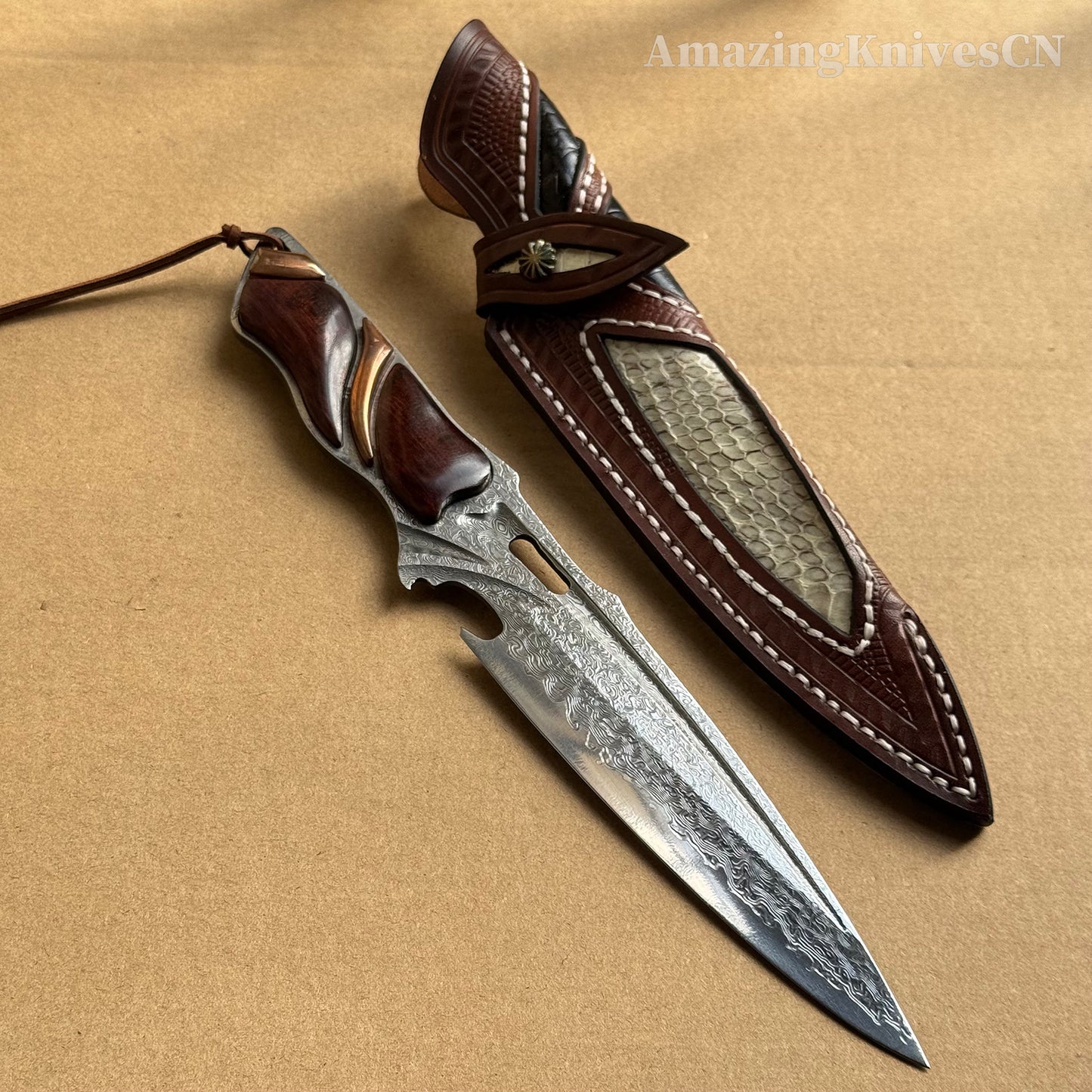 Japanese VG10 Damascus Steel Survival Hunting Knife Tactical Blood Grooved Full Tang - AK-HT0302