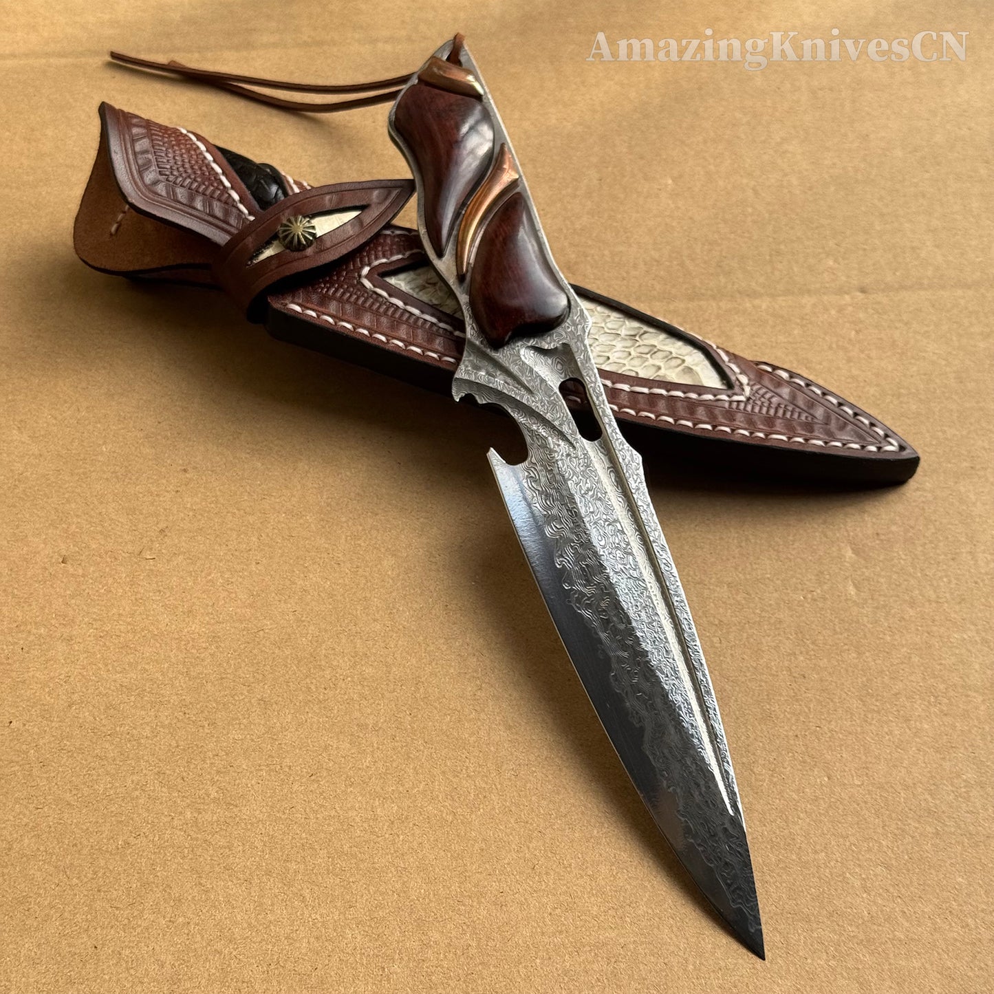 Japanese VG10 Damascus Steel Survival Hunting Knife Tactical Blood Grooved Full Tang - AK-HT0302