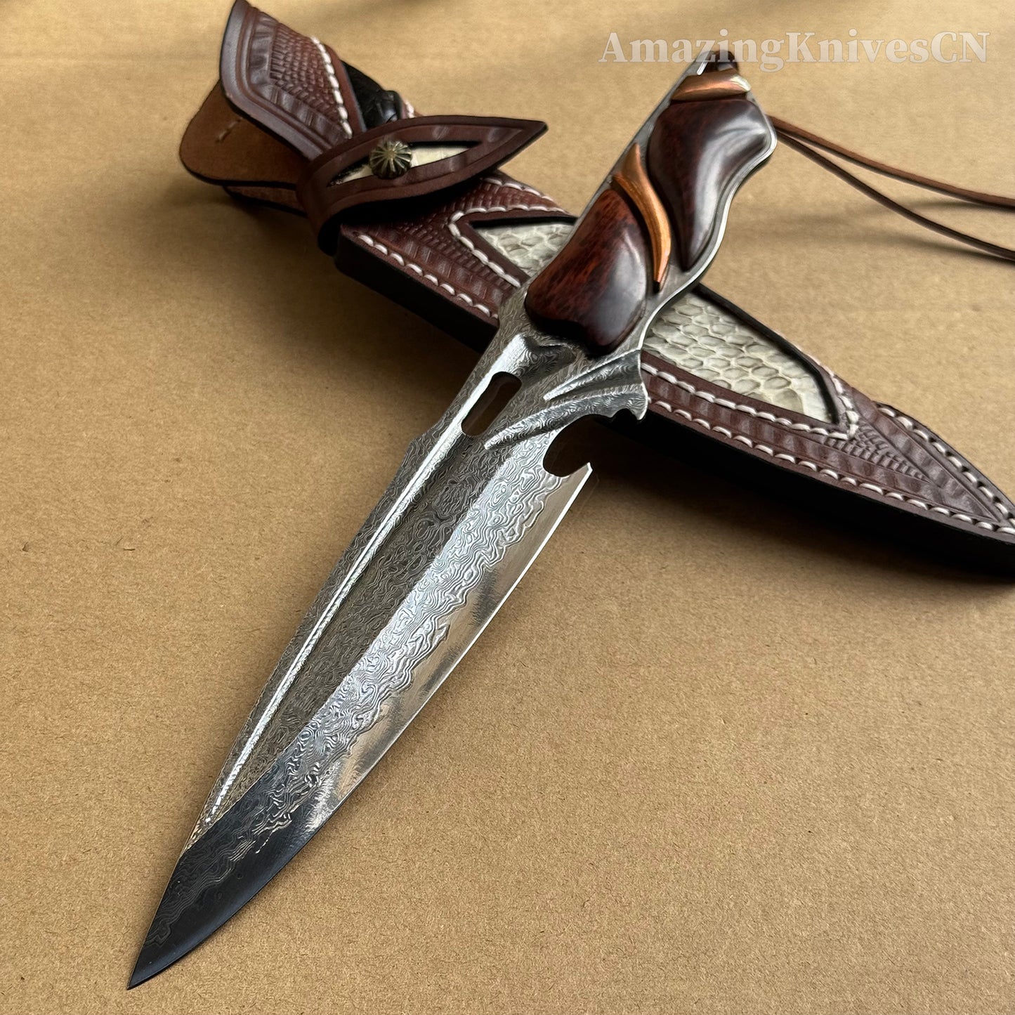 Japanese VG10 Damascus Steel Survival Hunting Knife Tactical Blood Grooved Full Tang - AK-HT0302