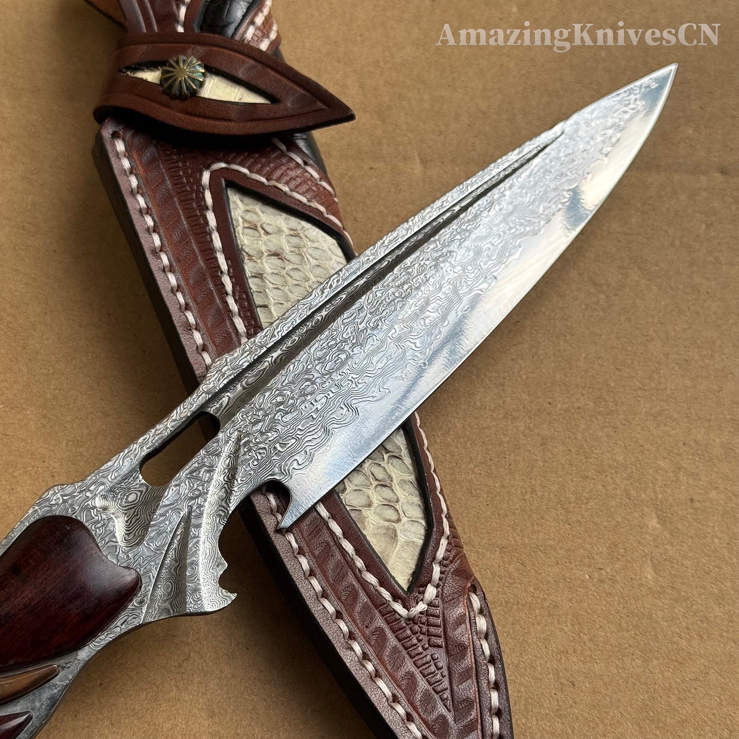 Japanese VG10 Damascus Steel Survival Hunting Knife Tactical Blood Grooved Full Tang - AK-HT0302