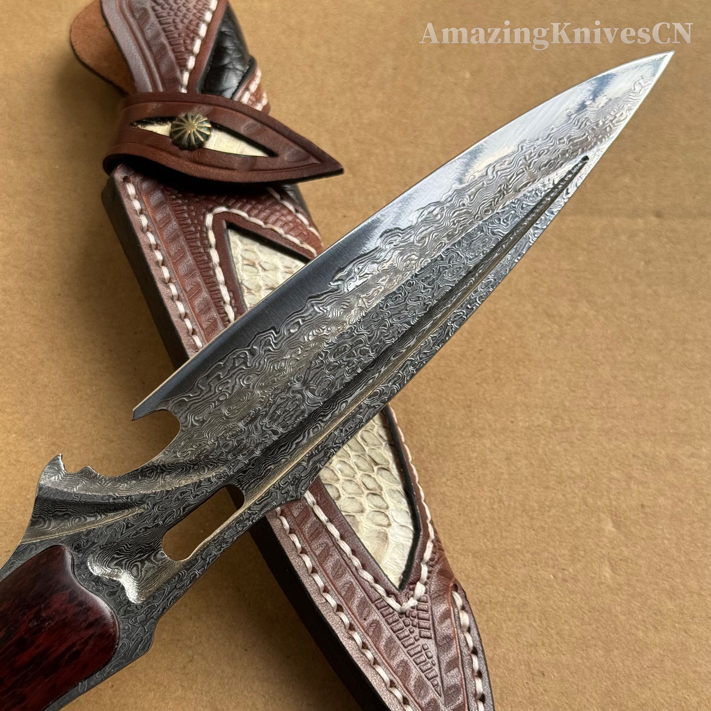 Japanese VG10 Damascus Steel Survival Hunting Knife Tactical Blood Grooved Full Tang - AK-HT0302