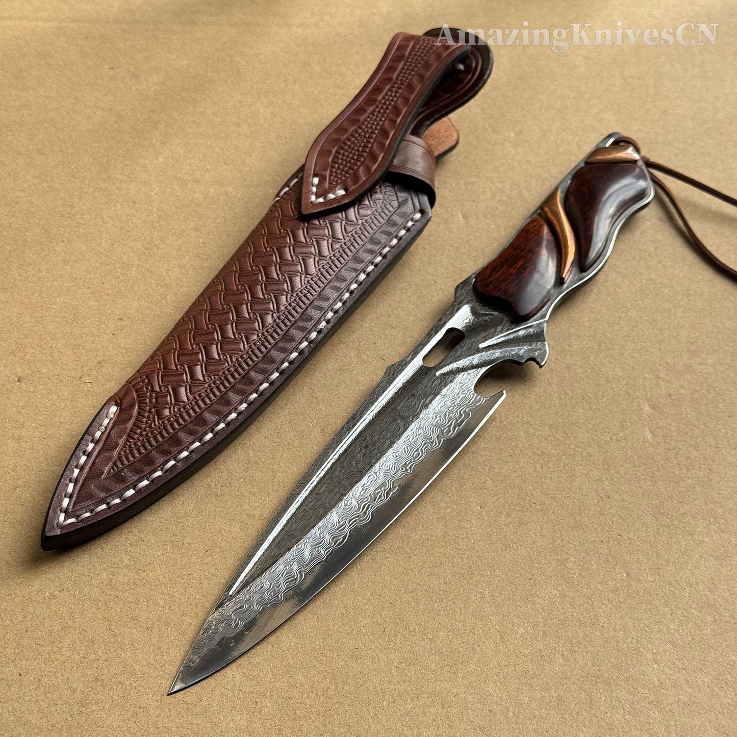 Japanese VG10 Damascus Steel Survival Hunting Knife Tactical Blood Grooved Full Tang - AK-HT0302
