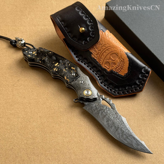 Japanese Damascus Steel Pocket Knife Hunting Knife Survival Folding Carbon Fiber- AK-HT0887