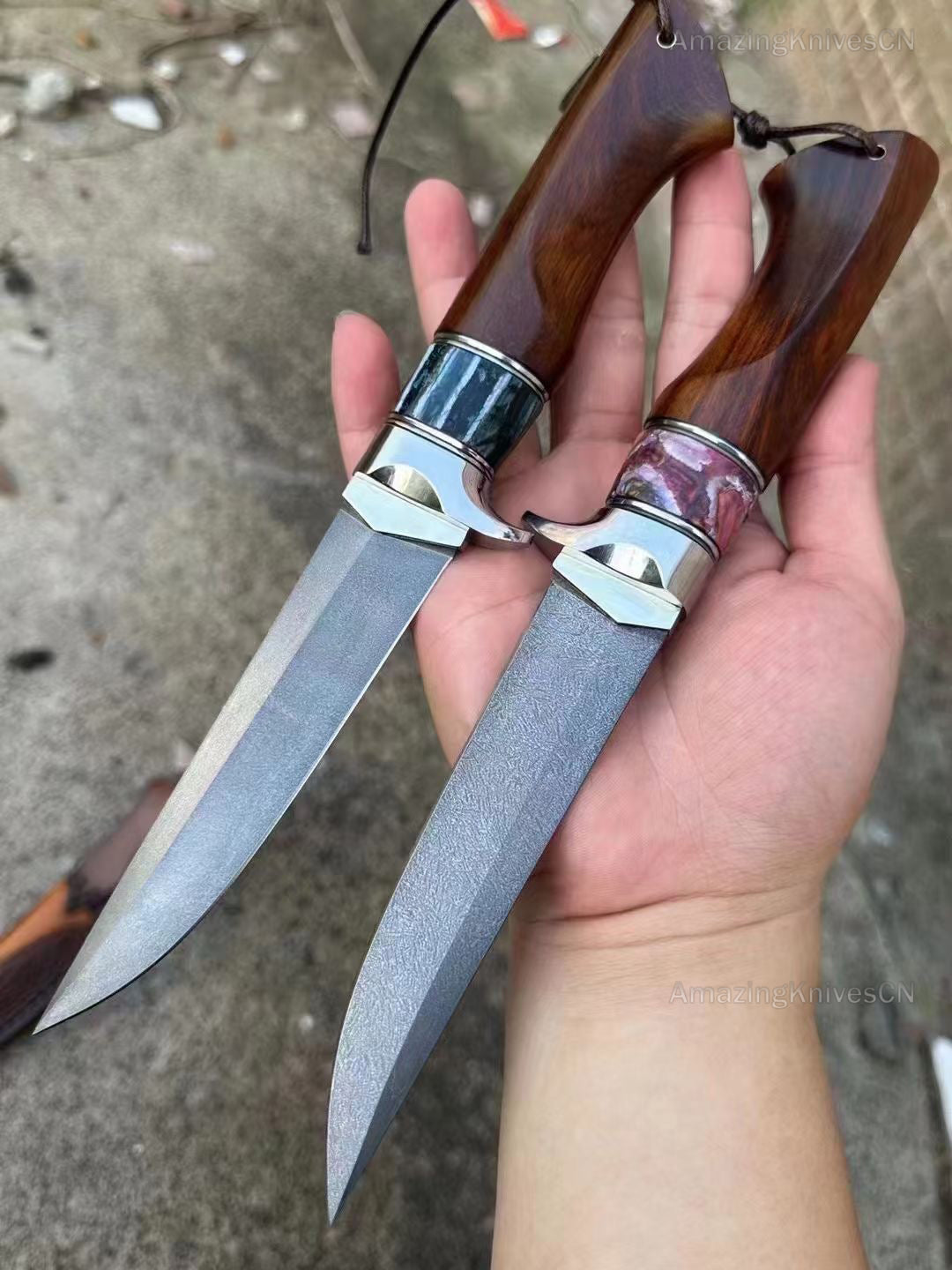 Handcrafted Wootz Steel Fixed Blade Bowie Collectible Knife Desert Ironwood Handle with Leather Sheath - AK-HT0957