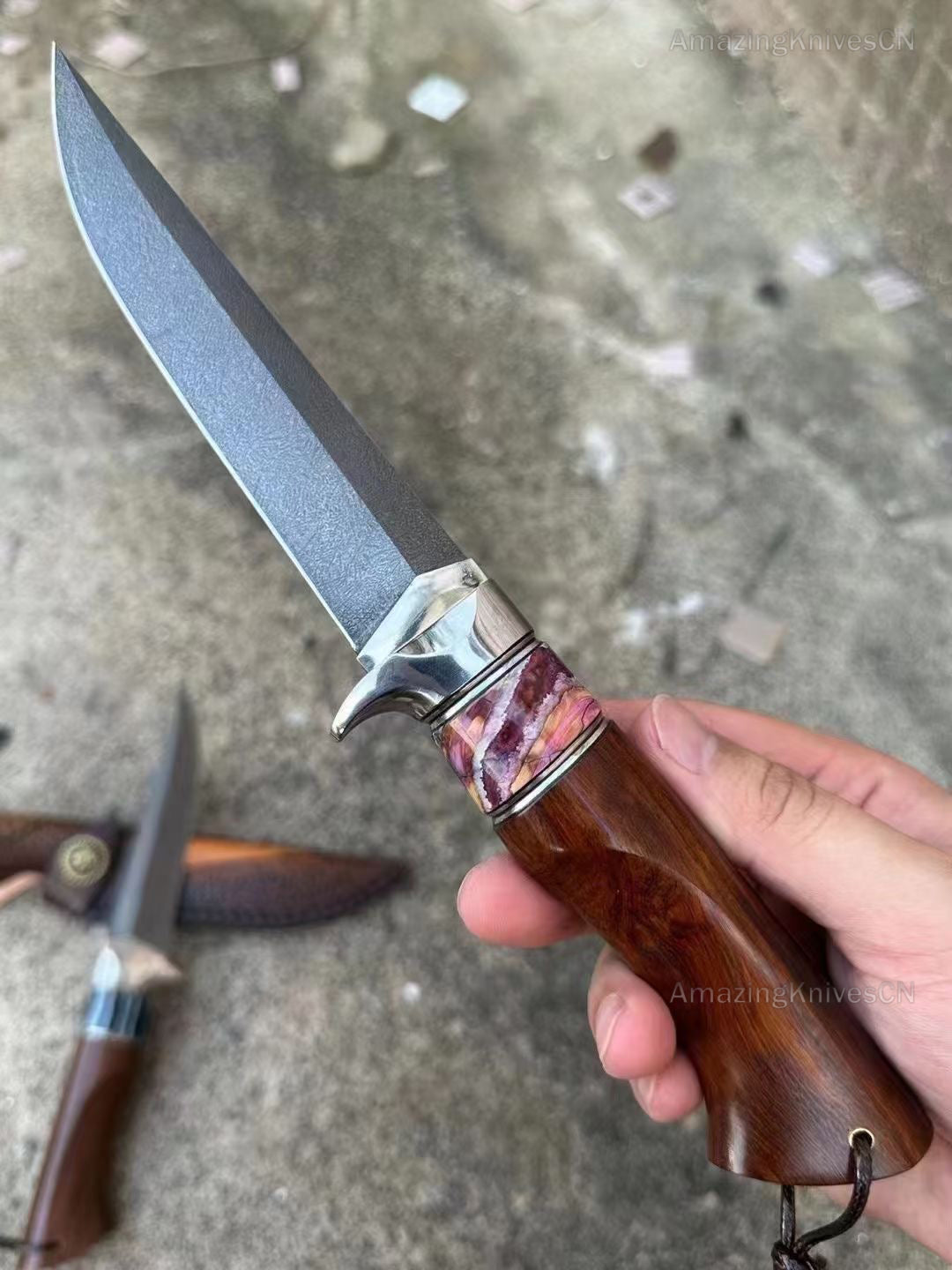 Handcrafted Wootz Steel Fixed Blade Bowie Collectible Knife Desert Ironwood Handle with Leather Sheath - AK-HT0957