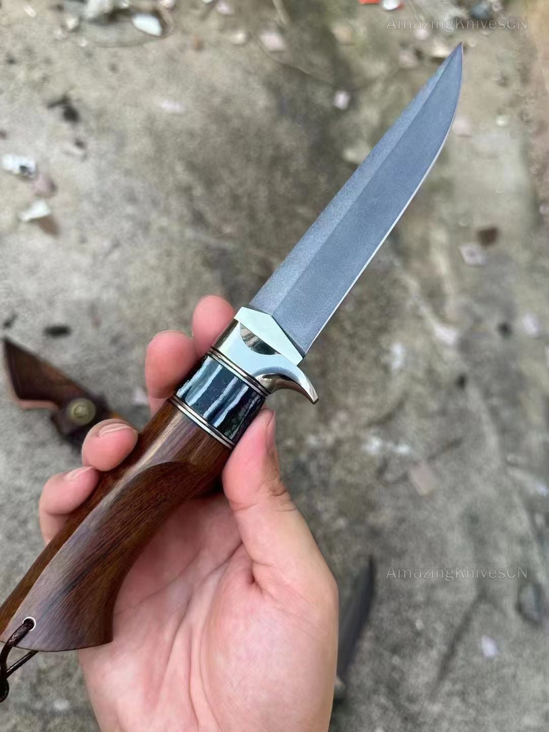 Handcrafted Wootz Steel Fixed Blade Bowie Collectible Knife Desert Ironwood Handle with Leather Sheath - AK-HT0957