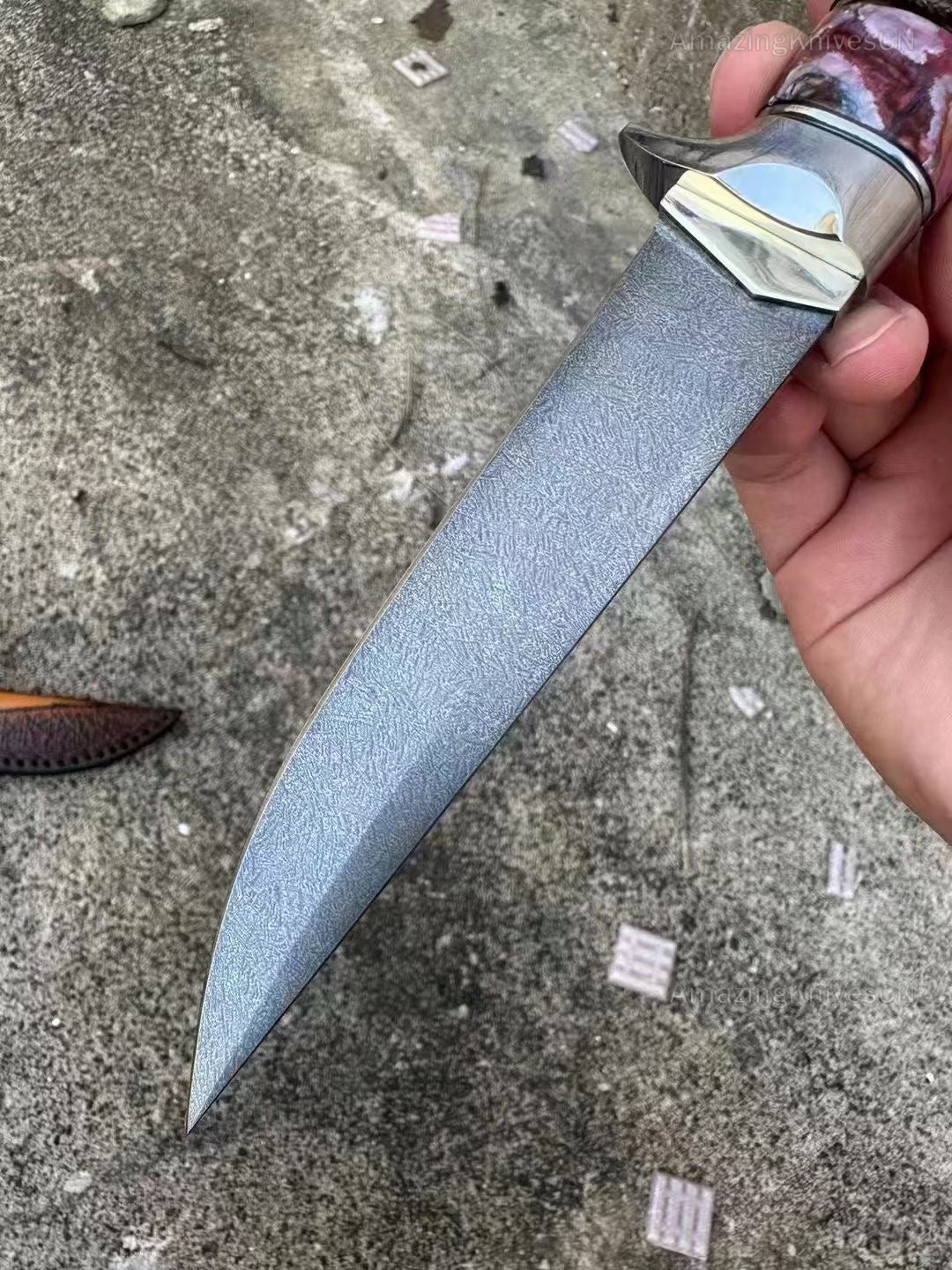 Handcrafted Wootz Steel Fixed Blade Bowie Collectible Knife Desert Ironwood Handle with Leather Sheath - AK-HT0957