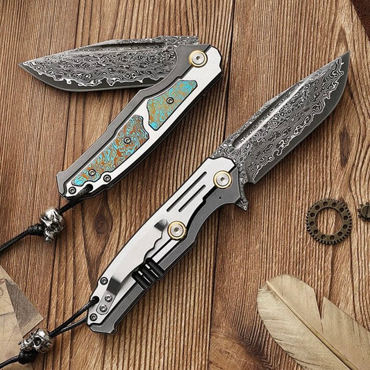 Japanese VG10 Forged Damascus Survival Pocket Knife Titanium Handle Ball Bearing - AK-HT0972-D