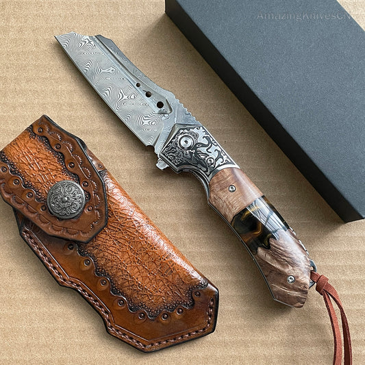High Quality Hunting Knife Vg10 Damascus Folding Knives Pocket Knife Blood Grooved w/ Sheath - AK-HT0837
