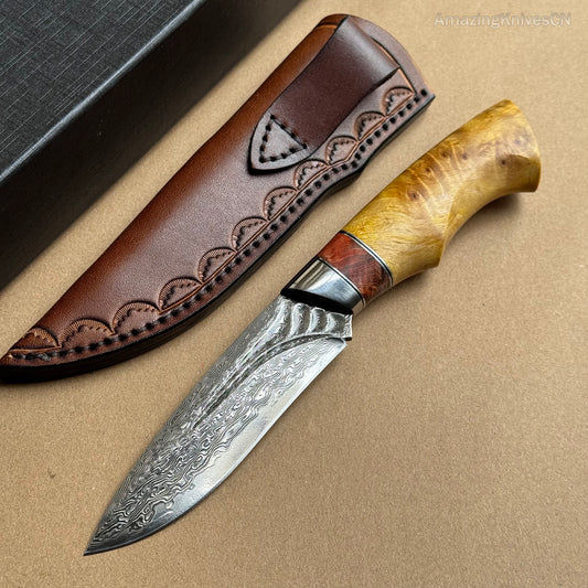 Handcrafted Damascus Vg10 Hunting Knife Survival Fixed Blade With Leather Sheath - AK-HT0935