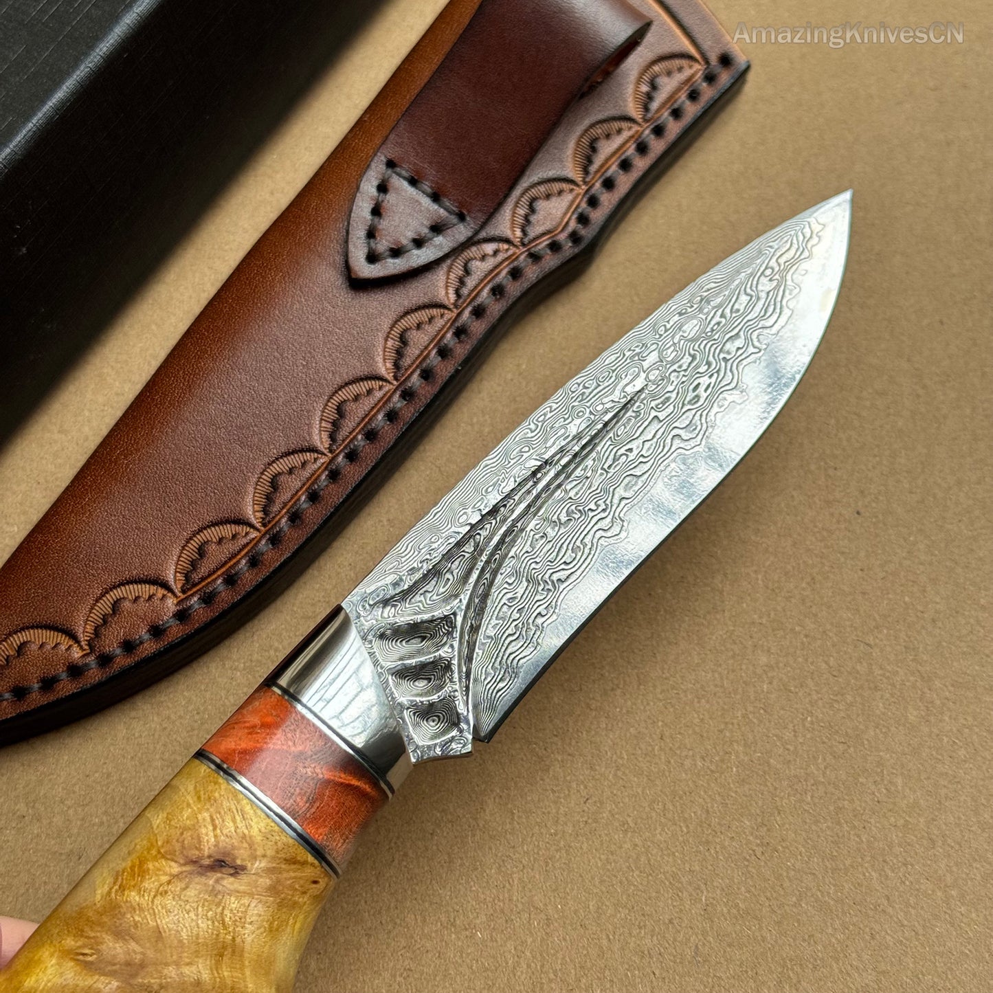 Handcrafted Damascus Vg10 Hunting Knife Survival Fixed Blade With Leather Sheath - AK-HT0935