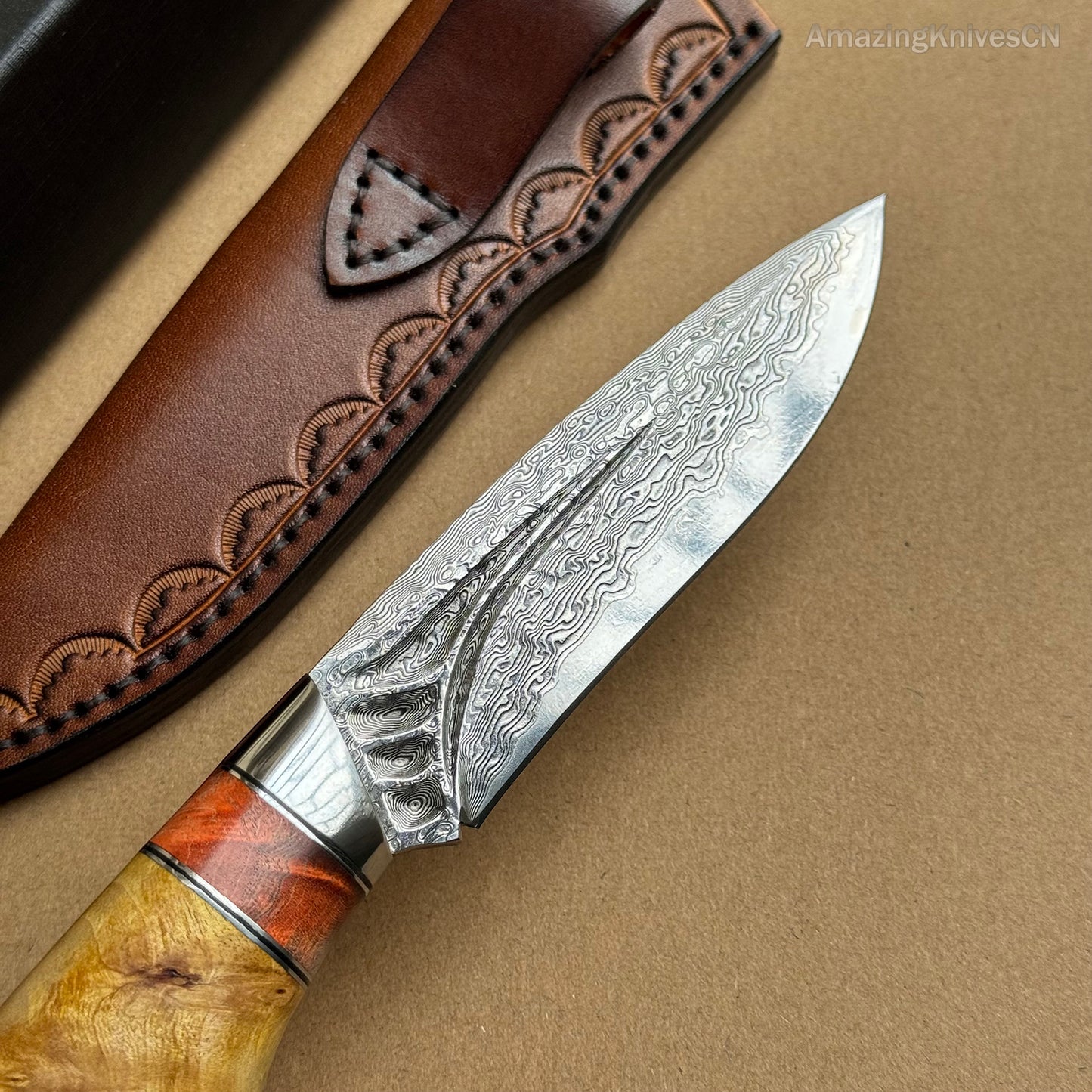 Handcrafted Damascus Vg10 Hunting Knife Survival Fixed Blade With Leather Sheath - AK-HT0935