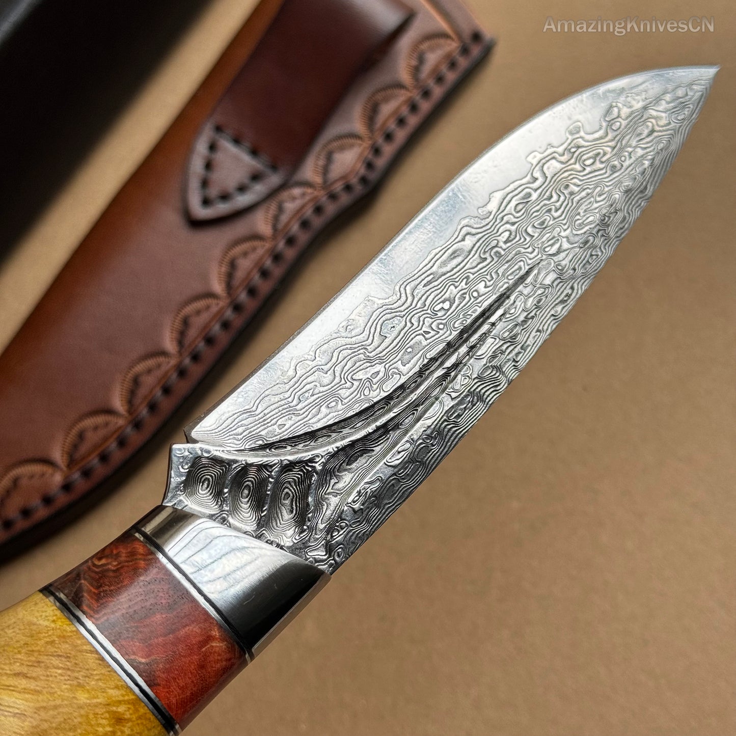 Handcrafted Damascus Vg10 Hunting Knife Survival Fixed Blade With Leather Sheath - AK-HT0935