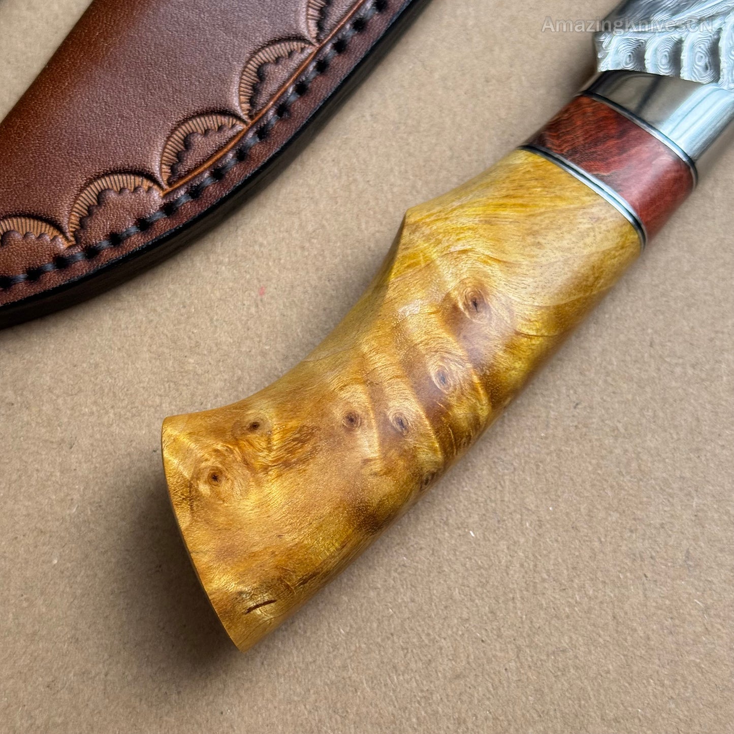 Handcrafted Damascus Vg10 Hunting Knife Survival Fixed Blade With Leather Sheath - AK-HT0935