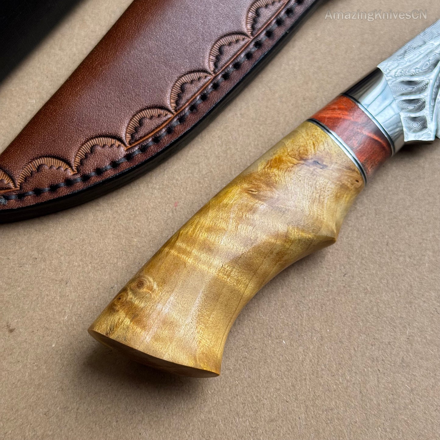 Handcrafted Damascus Vg10 Hunting Knife Survival Fixed Blade With Leather Sheath - AK-HT0935