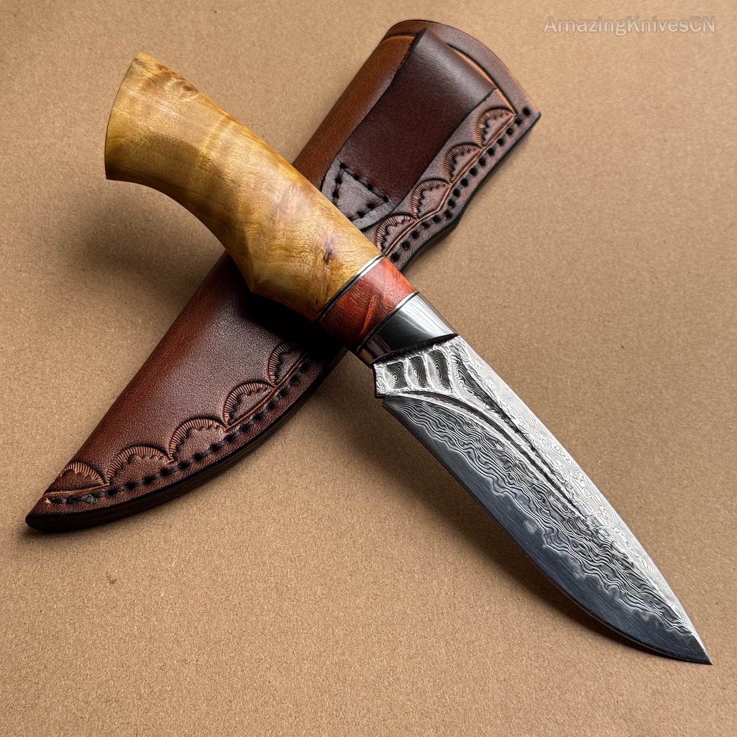 Handcrafted Damascus Vg10 Hunting Knife Survival Fixed Blade With Leather Sheath - AK-HT0935