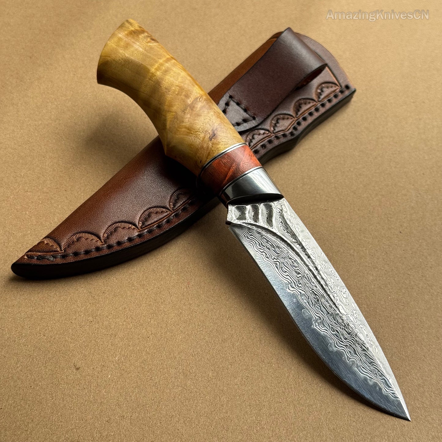 Handcrafted Damascus Vg10 Hunting Knife Survival Fixed Blade With Leather Sheath - AK-HT0935