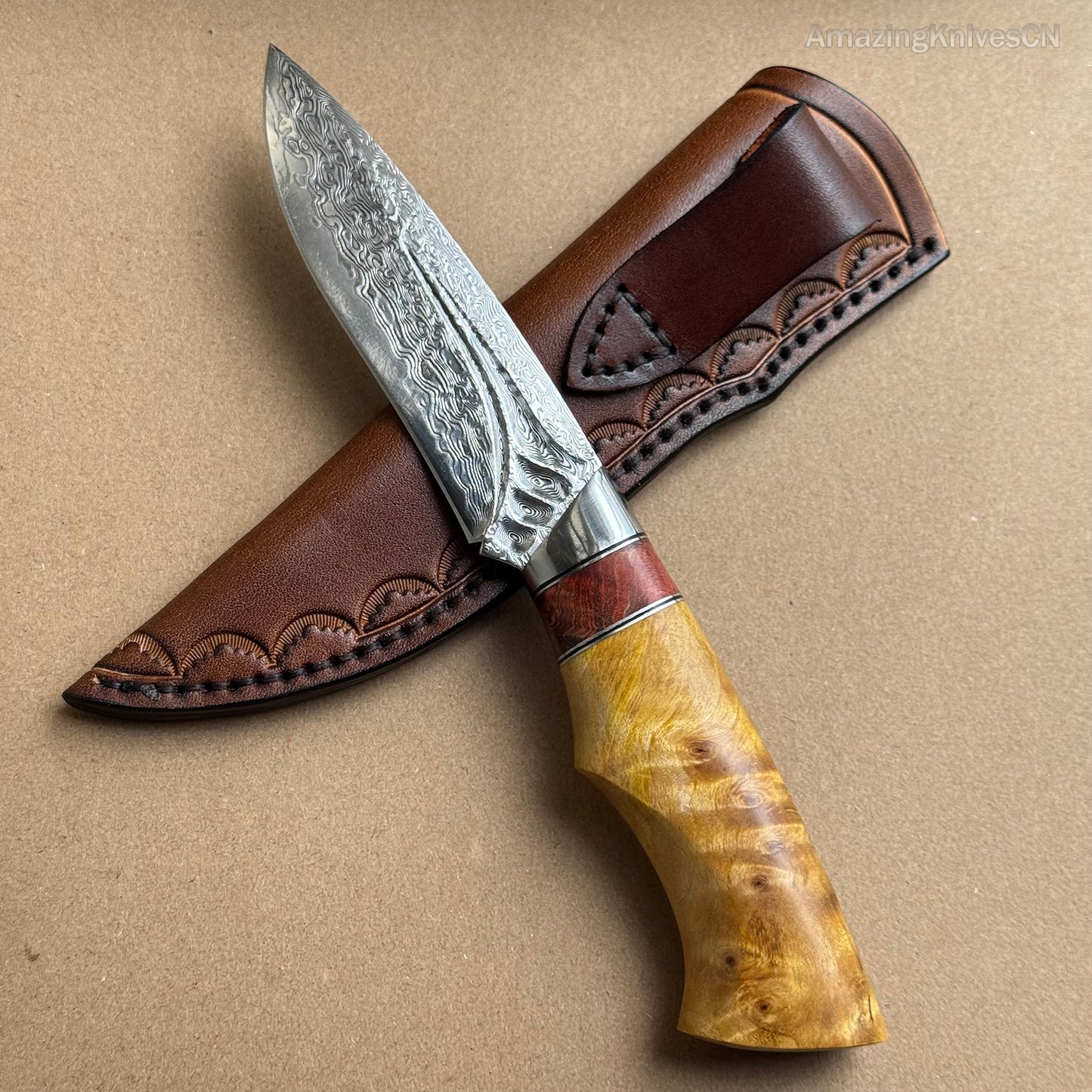 Handcrafted Damascus Vg10 Hunting Knife Survival Fixed Blade With Leather Sheath - AK-HT0935