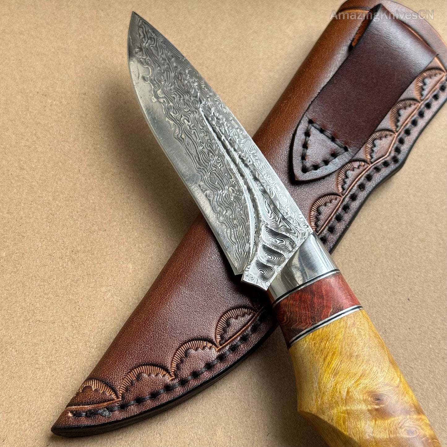Handcrafted Damascus Vg10 Hunting Knife Survival Fixed Blade With Leather Sheath - AK-HT0935
