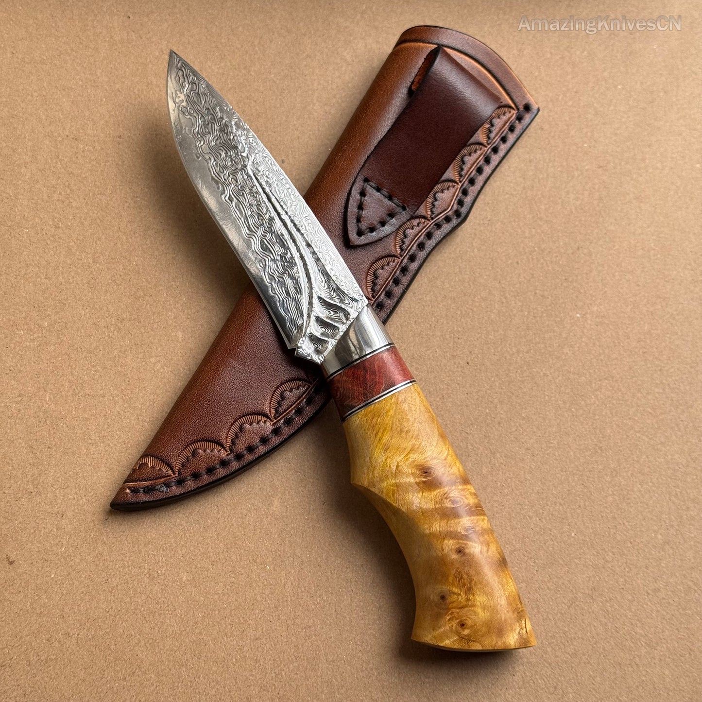 Handcrafted Damascus Vg10 Hunting Knife Survival Fixed Blade With Leather Sheath - AK-HT0935