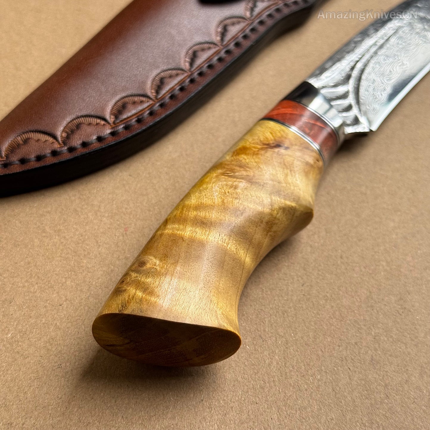 Handcrafted Damascus Vg10 Hunting Knife Survival Fixed Blade With Leather Sheath - AK-HT0935