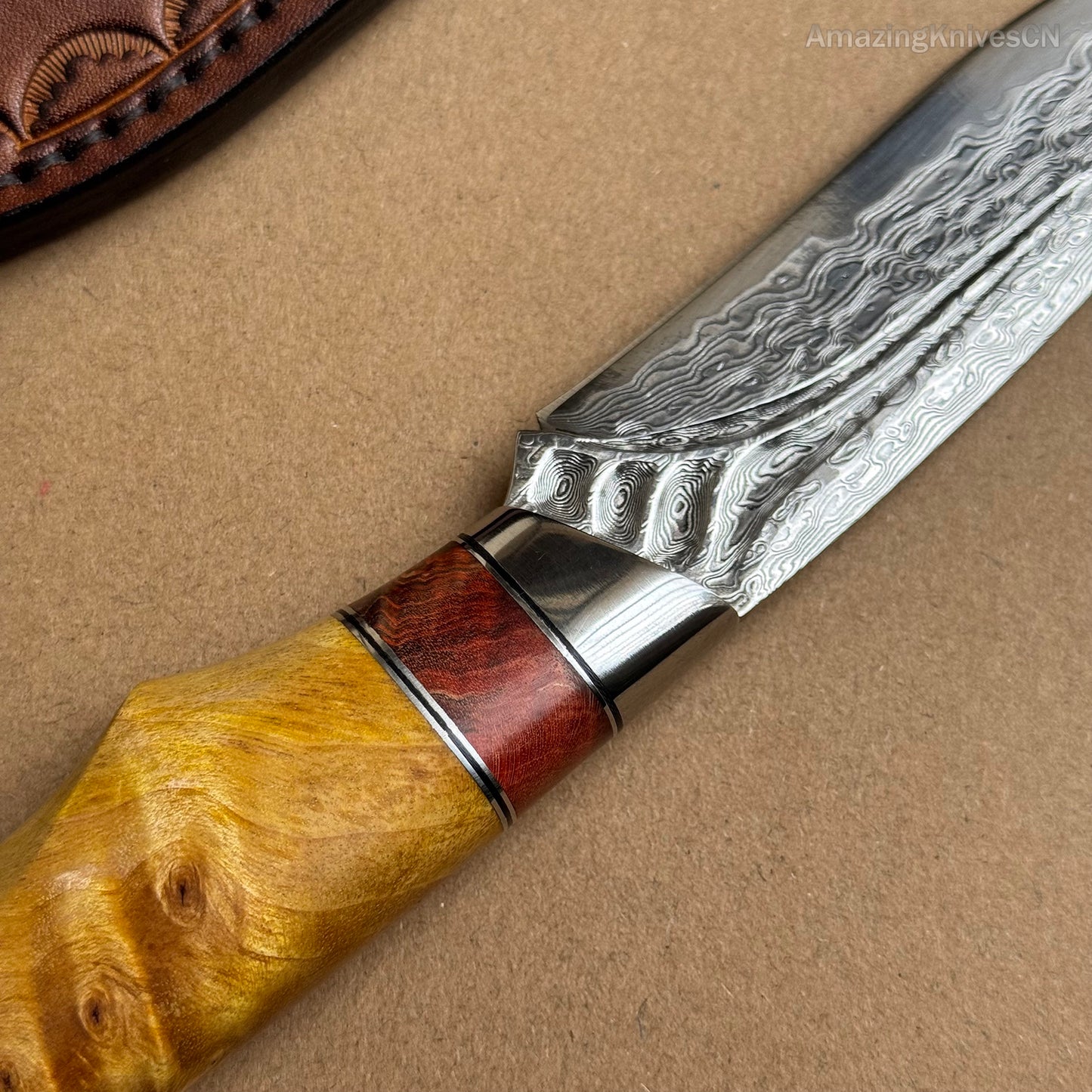 Handcrafted Damascus Vg10 Hunting Knife Survival Fixed Blade With Leather Sheath - AK-HT0935