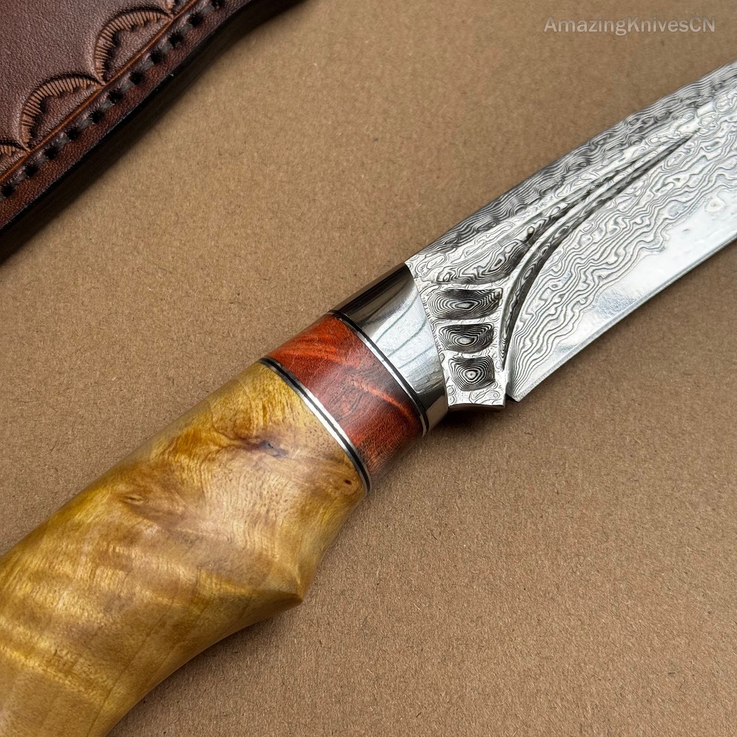 Handcrafted Damascus Vg10 Hunting Knife Survival Fixed Blade With Leather Sheath - AK-HT0935