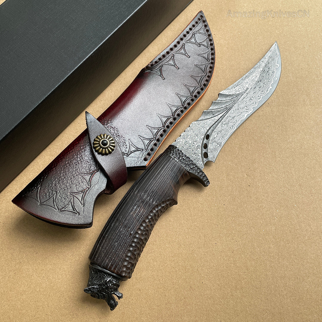 Hunting Damascus Bowie Knife Rescue Survival Knife Collectible Handmade Knife Wolf Head - AK-HT0708