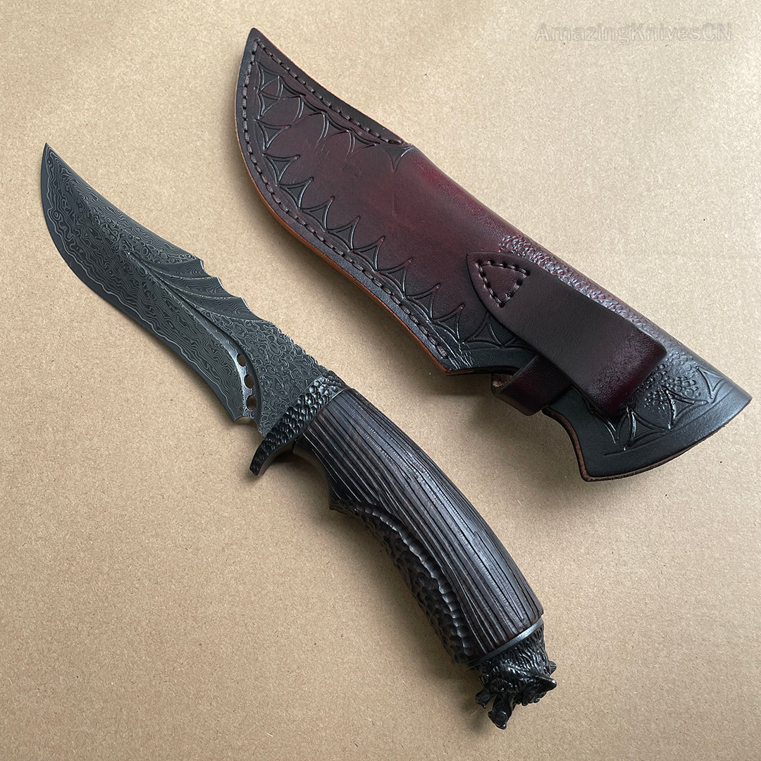 Hunting Damascus Bowie Knife Rescue Survival Knife Collectible Handmade Knife Wolf Head - AK-HT0708