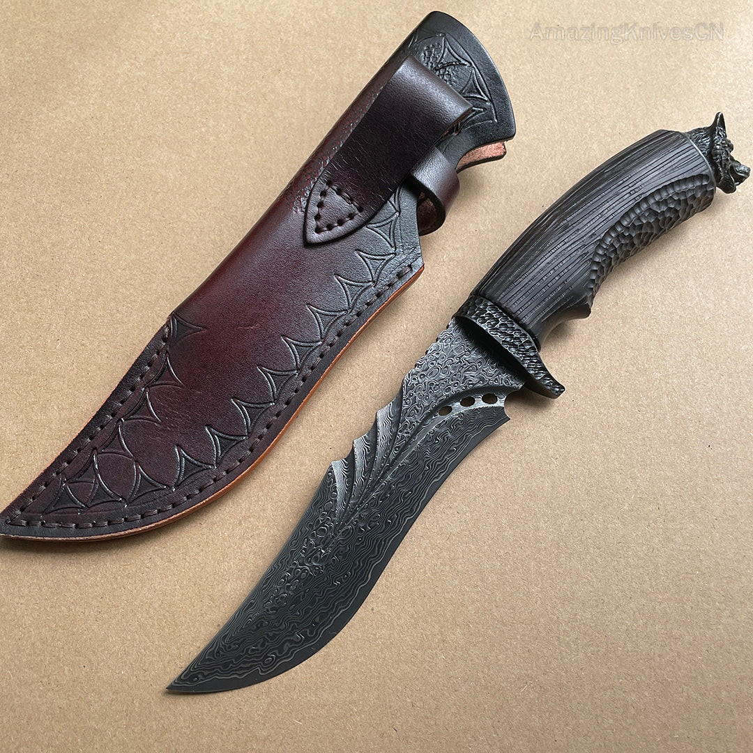 Hunting Damascus Bowie Knife Rescue Survival Knife Collectible Handmade Knife Wolf Head - AK-HT0708