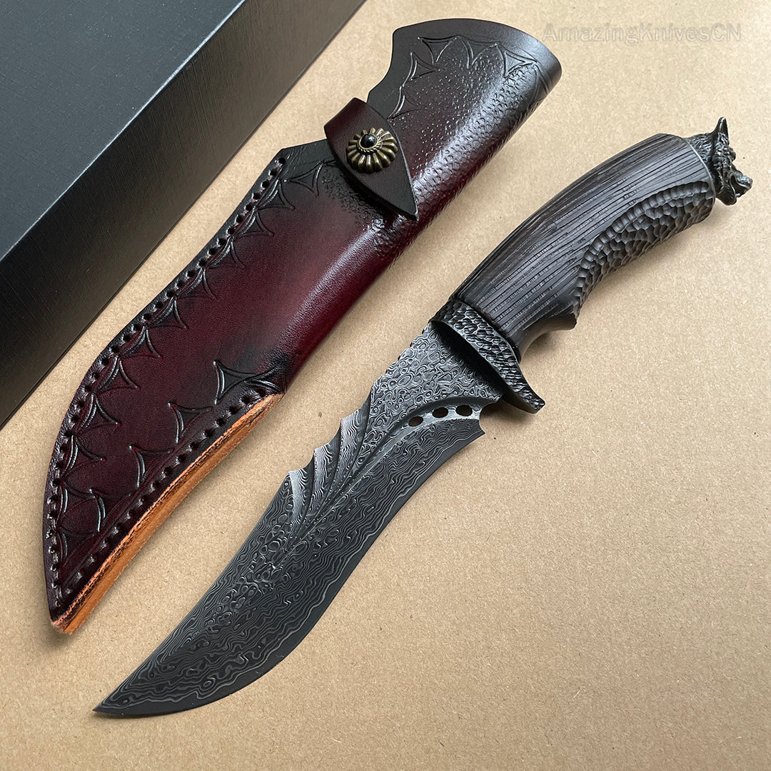 Hunting Damascus Bowie Knife Rescue Survival Knife Collectible Handmade Knife Wolf Head - AK-HT0708