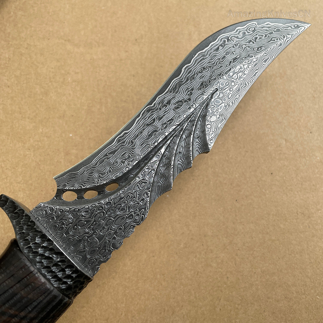 Hunting Damascus Bowie Knife Rescue Survival Knife Collectible Handmade Knife Wolf Head - AK-HT0708