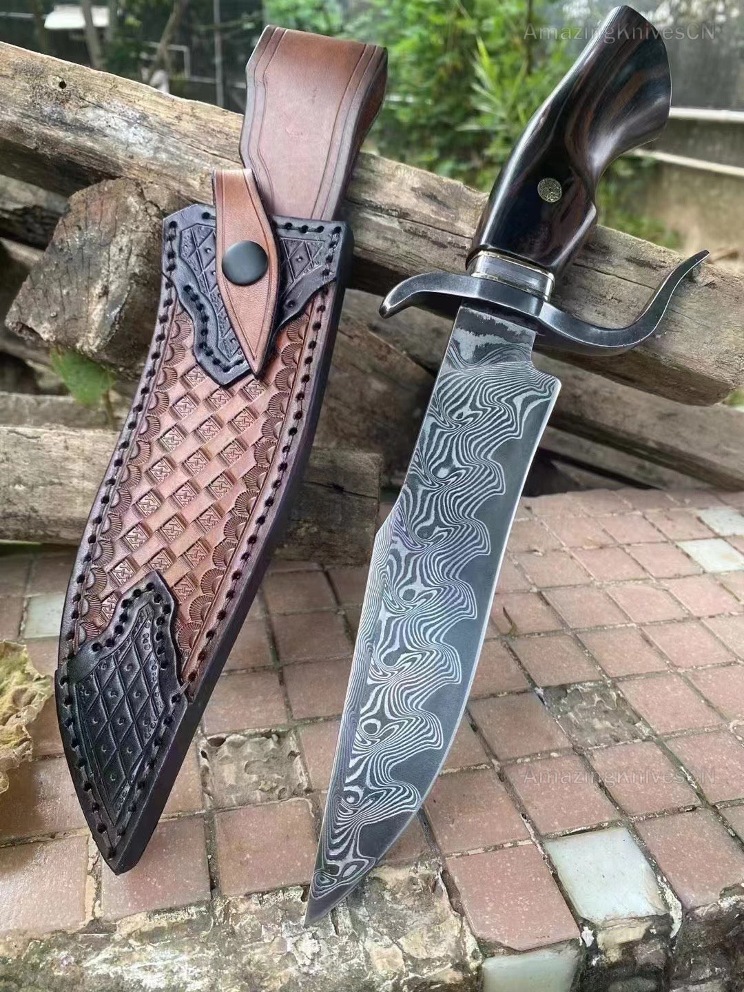 Handmade VG10 Damascus Steel Hunting Knife Survival Bowie Knife w/ Sheath Outdoor - AK-HT0638-S2