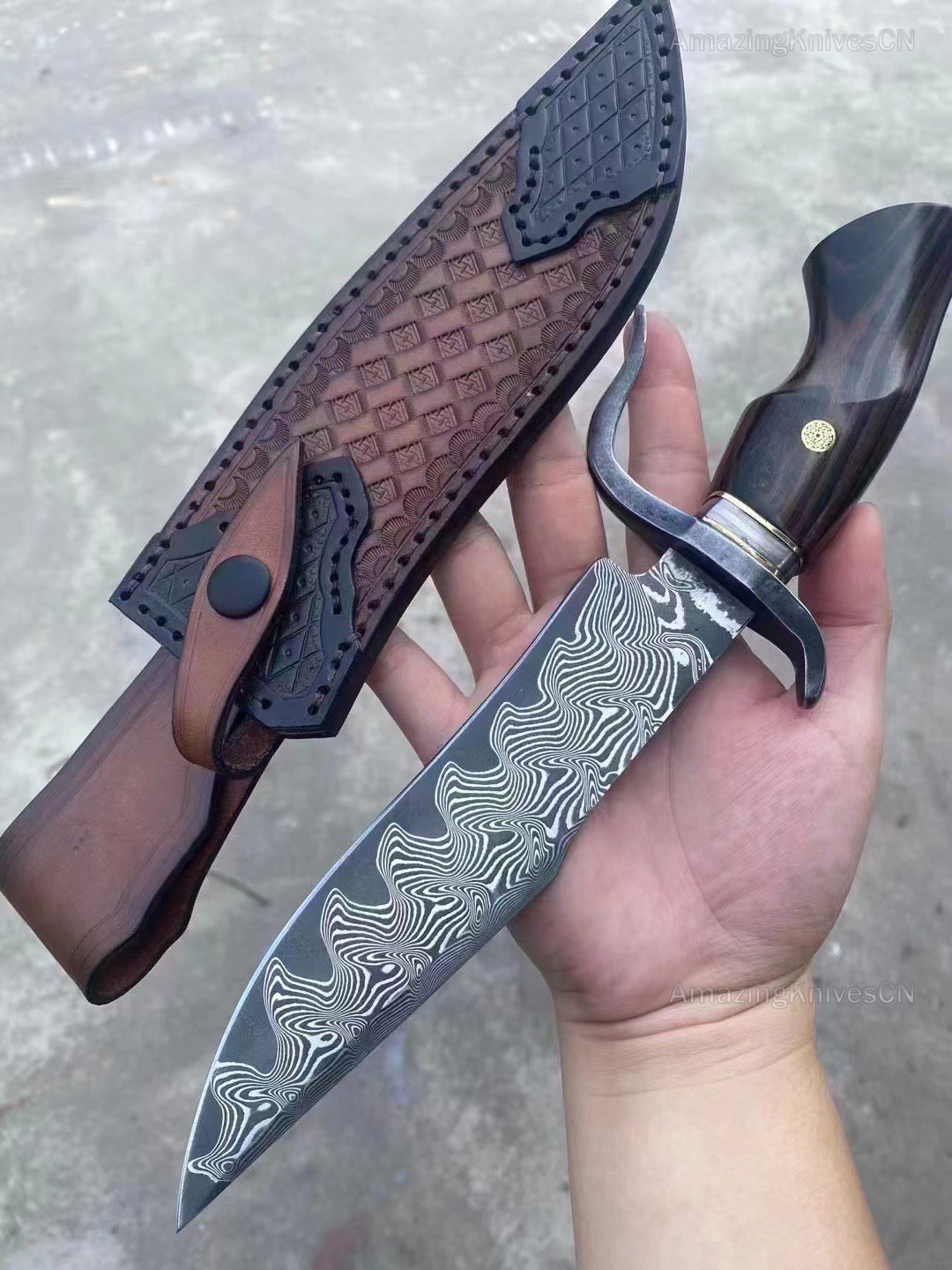 Handmade VG10 Damascus Steel Hunting Knife Survival Bowie Knife w/ Sheath Outdoor - AK-HT0638-S2