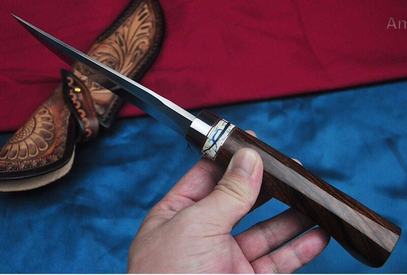 High Quality M390 Steel Bowie Knife Fixed Blade Ironwood Handle with Leather Sheath - AK-HT0839-M