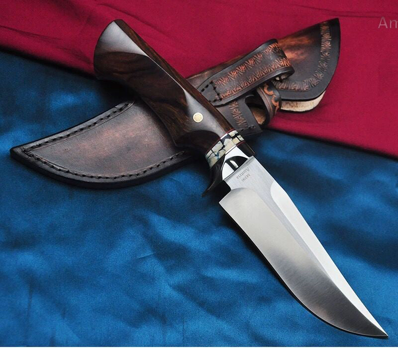 High Quality M390 Steel Bowie Knife Fixed Blade Ironwood Handle with Leather Sheath - AK-HT0839-M