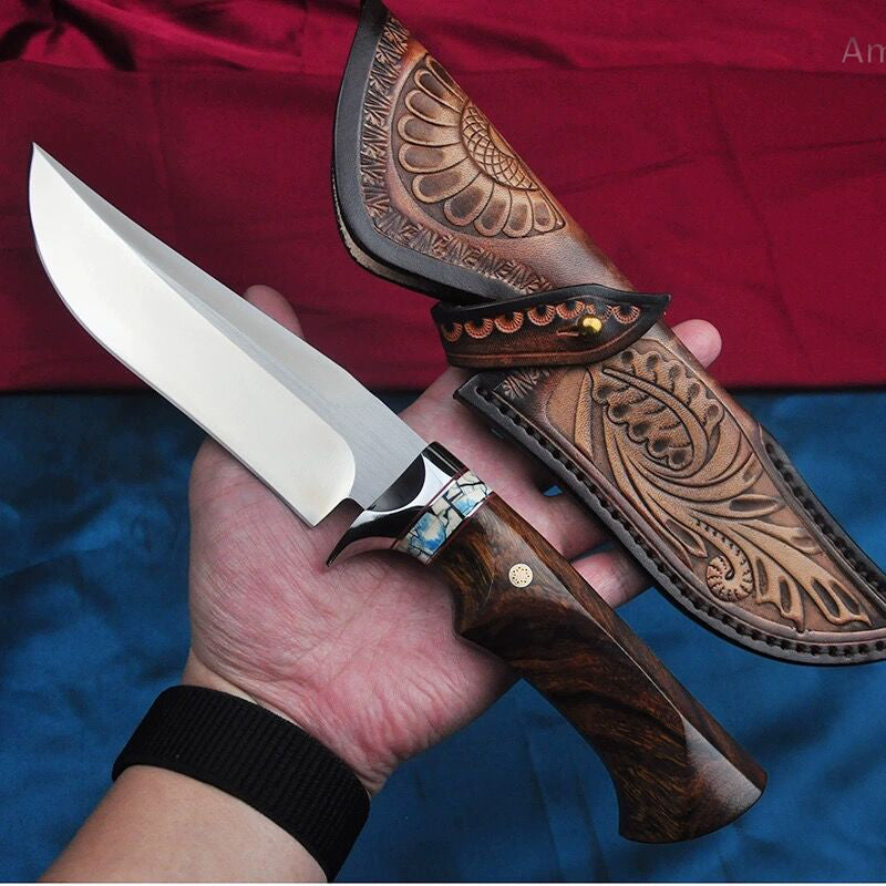High Quality M390 Steel Bowie Knife Fixed Blade Ironwood Handle with Leather Sheath - AK-HT0839-M
