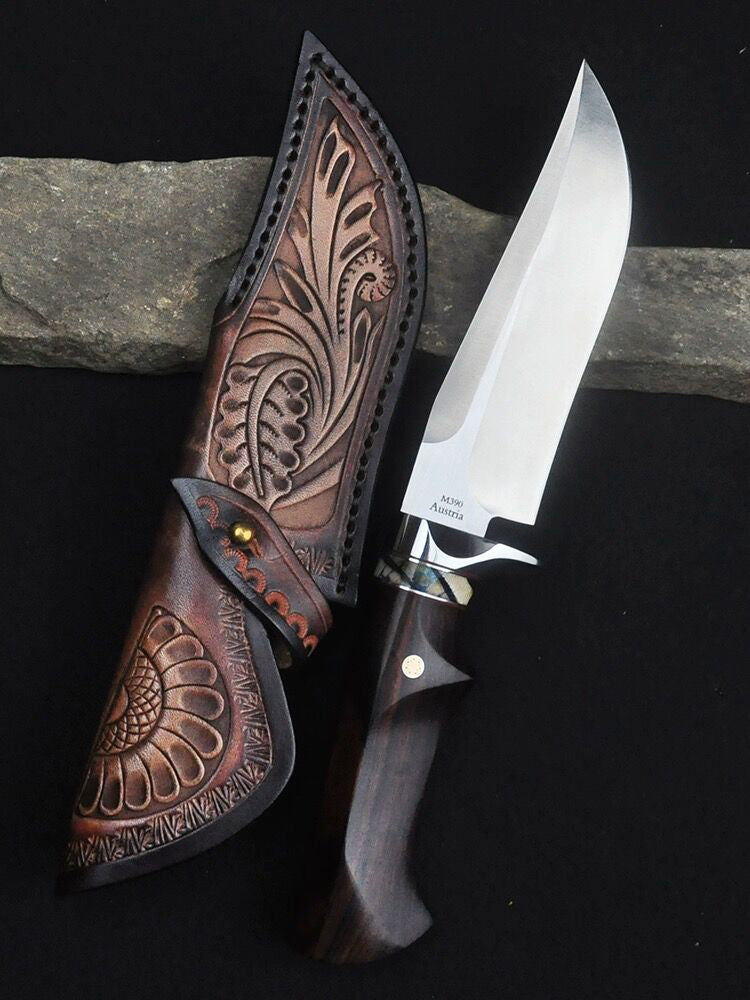 High Quality M390 Steel Bowie Knife Fixed Blade Ironwood Handle with Leather Sheath - AK-HT0839-M