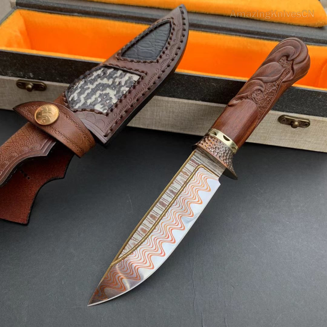 Collectible Handcrafted Copper Damascus Steel Knife Full Tang Desert Ironwood - AK-HT0910-1