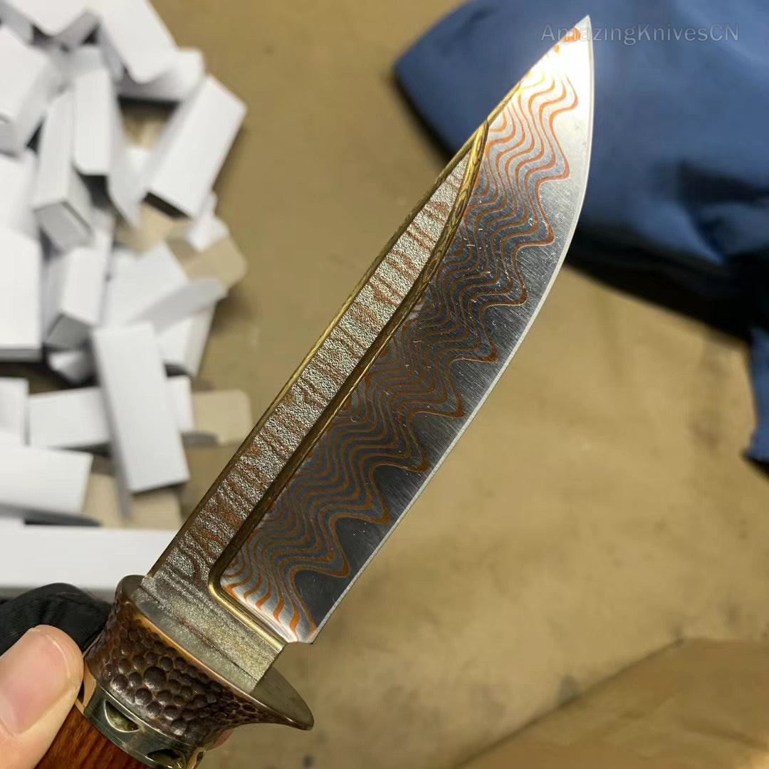 Collectible Handcrafted Copper Damascus Steel Knife Full Tang Desert Ironwood - AK-HT0910-1