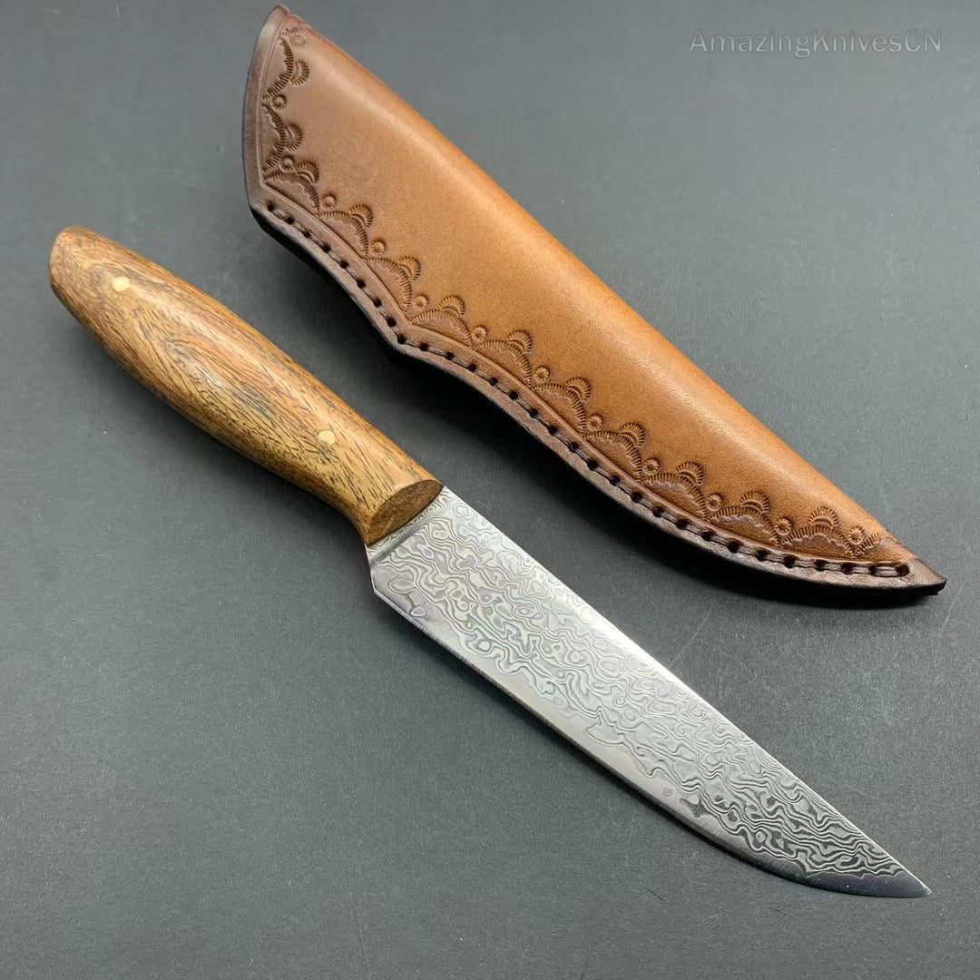 VG10 Damascus Utility Knife Paring Knife Fixed Blade Ebony Handle w/ Sheath - AK-HT0912